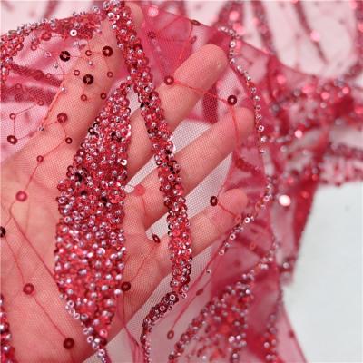 China Other African Factory Wholesale Colorful Dark Red Soft Embroidery Lace Fabric From Nigerian Tulle With Beading And Sequins for sale