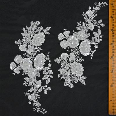 China Other New Design Beautiful Embroidered Pairs Bridal 3D Flower Sequined Guipure Lace Applique for sale