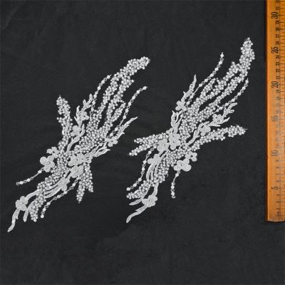 China Other Custom Pairs Elegant Embroidered White Wedding Beaded Sequins Lace Applique Fabric For Bridal for sale