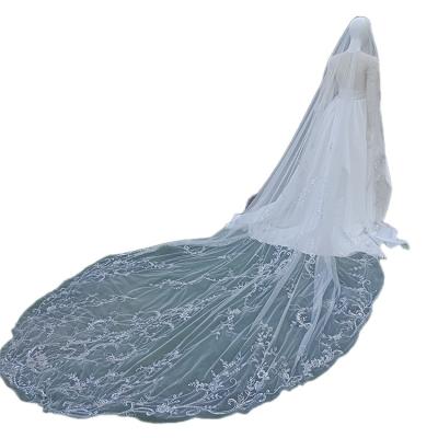 China Soft Bridal Veil Chapel Wedding Veil With Lace Sequined French Sweep Lower Veil for sale