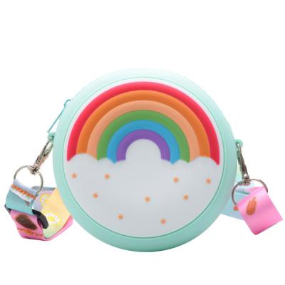 China New Style Rainbow Pattern Girls Messenger Bag Round Purse Bag Wholesale Mini Fashion Silicone Kids Coin Bag for sale