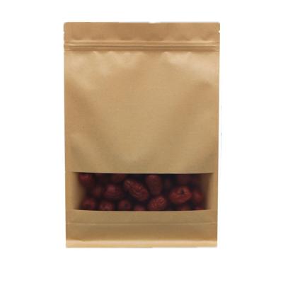 China Matte Type Ziplock Moisture Proof Window Bags Sealed 8 Per Sides Flat Bottom Side Gusset Brown Kraft Paper For Food Rice Nuts Packaging for sale