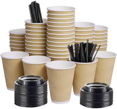 China Kraft Paper Ripple Wall Moisture Proof Insulated Disposable Paper Coffee Cups For Office Parties Wrinkle Sleeve Hot Drinks Cups With Lid And Straw for sale