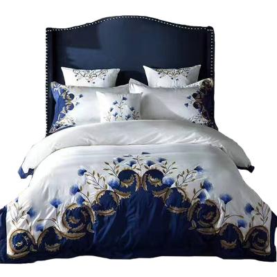 China Nondisposable Luxury Chic Blue Embroidered Soft Bedding Set Egyptian Cotton Bed Sheet Duvet Cover Set King Queen 4/6Pcs USA Size for sale