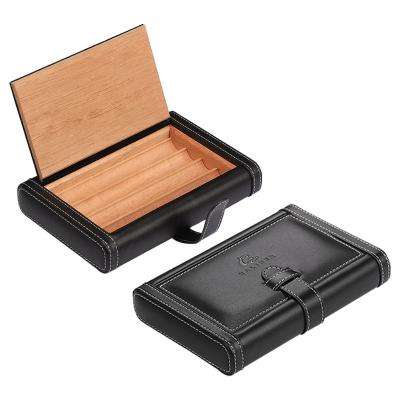 China Luxury Portable Cedar Wood Cigar Humidor Box Travel Leather Case Storage 4 Cigars Humidor for Sigar for sale