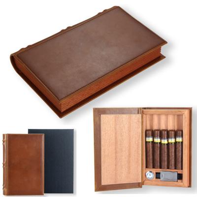 China Luxury Cedar Wood Travel Cigar Humidor Box Portable Leather Case with Cutter Humidor Hygrometer Book Design for sale