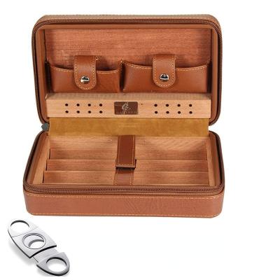 China Cedar Wood Cigar Humidor Travel Luxury Portable Leather Case Cigar Box with Cutter Humidor for COHIBA for sale