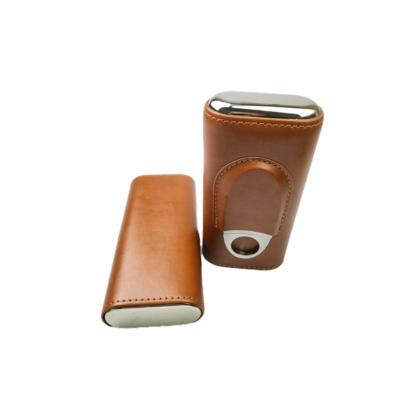 China Mini Easy-Take Leather Cigar Case 2 Tube Holder Luxury Portable Travel Humidor Cigar Case Accessories For Cohiba With Cigar Cutter Gift for sale