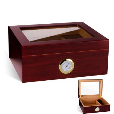 China Luxury Cedar Wood Humidor Aprox 50pcs Capacity Cigar Moisturizing Box With Hygrometer Humidifier Glass Top for sale