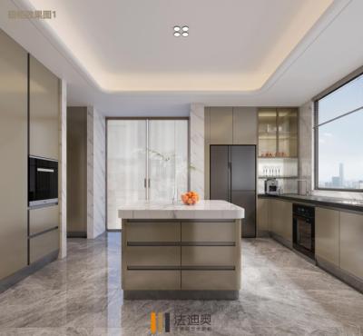 China Full Encompassing Modern Kitchen Cabinet With Mica Brown Finish And Central Square Island for sale