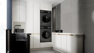 China Modern Clean U-Shaped Custom Made Laundry Cabinets With White Paneling And Gold Accents for sale