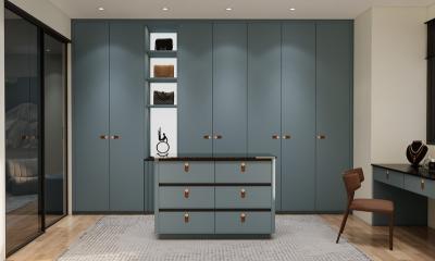 China Blue Grey Custom Walk In Closet With Multi Drawer Island And Black Mirrored Vanity for sale