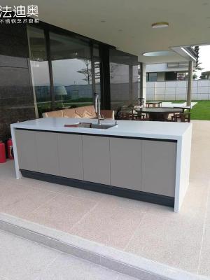 China Khaki-Gray Color Metal Outdoor Kitchen Cabinets With Extending Quartz Countertop for sale