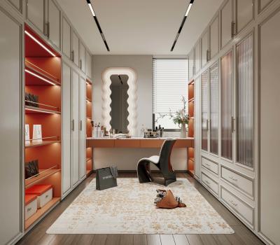 China Stainless Steel Walk-In Closet With Orange Accents And Artistic Wave Mirror Design for sale