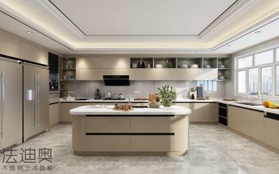 China Modern U-Shaped Stainless Steel Kitchen Cabinet With Arched Island And Seamless Appliance Integration for sale