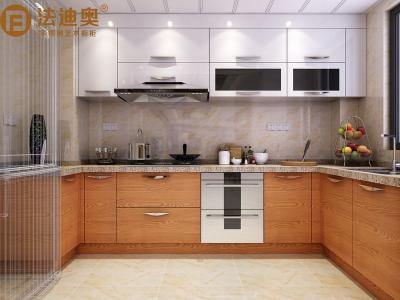 China Fadior Short U-Shape Warm Wood Grain And White Kitchen Cabinet With Upward-Opening Door Design for sale