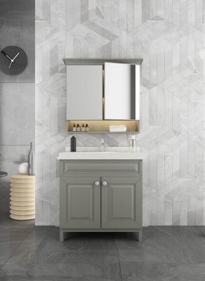 China Grey Stainless Steel Bathroom Vanity With Elegant Mirror Cabinet And Shaped Door for sale