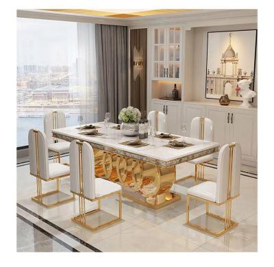 China Modern Luxury Hotel Stainless Steel Slate Dining Table Luxury Gold Marble Dining Table Set for sale