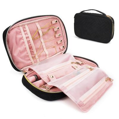 China Large Capacity Compact and Portable Travel Jewelry Organizer Quilted Velvet Jewelry Storage Case for Necklaces, Earrings, Bracelets for sale