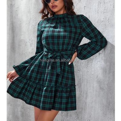 China Anti-Static Flare Mini Dress Long Sleeve Ruffle Cut Out Mock Neck Flare Mini Dress Autumn Green Plaid Print A Line Women Dress for sale