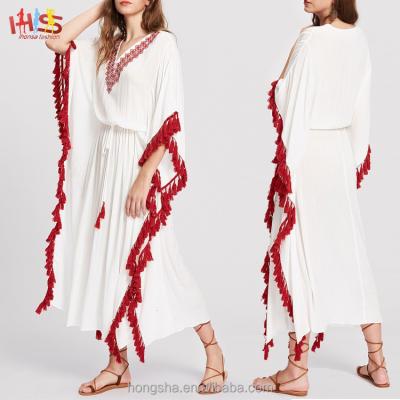 China Anti-Static Western Kaftan Dresses Calls Tassel V-Neck Dolman Sleeve Trim Embroidered Dress for sale