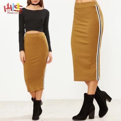 China Midi pictures of ladies mustard side striped long midi pencil skirts women for sale