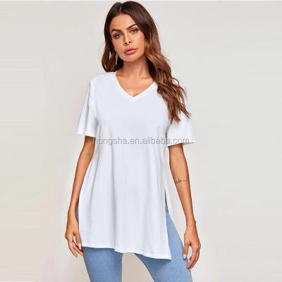 China 2020 Summer Women Latest Anti-pilling V-Neck Casual White Short Sleeve T-shirt Split Side Aplet Tee HSD9006 for sale