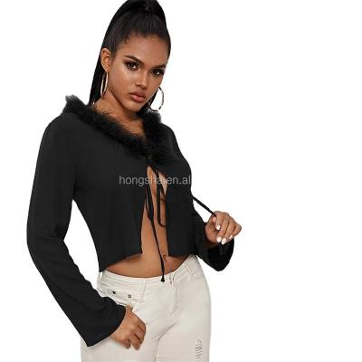 China Winter Female Long Sleeve Anti-pilling Blouse Women Black Sexy Tie Front Faux Fur Detail Crop Top HST9782 for sale