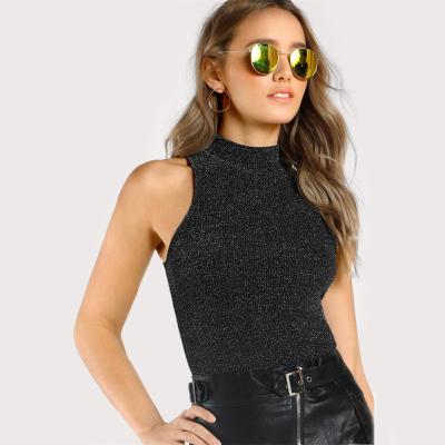 China Summer QUICK DRY Women Fashion False Neck Ribbed To Fail Top Women Round Neck Glitter Rib Knitted Tank Top Women Casual Top HST6031 for sale