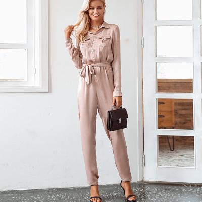 China Long Sleeve Women's Casual Satin Jumpsuit Pockets Romper With Waistband HSR6393 for sale