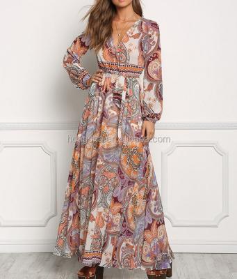 China Multi Antistatic Chiffon Printed Surplice Maxi Long Sleeve Dress African dresses 2019 HSD5403 for sale