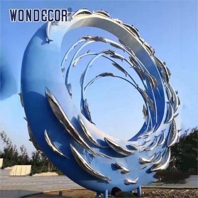 China Large outdoor metal art abstract marine animal swimming fish school stainless steel sculpture for sale