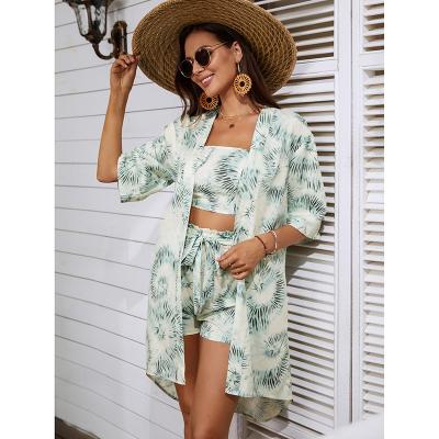 China Amazon Women's Clothing Summer QUICK DRY Vest Printed Women's Two-Piece Chiffon Printing Leisure Three-Piece Beach Shorts Set Vacation for sale