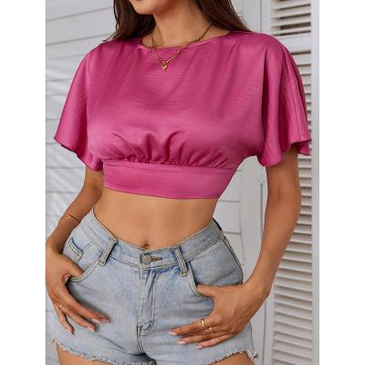 China QUICK DRY Fashion Women's Ladies Satin Sleeveless Blouse Solid Color Silk Crop Clubwear Flared Backless Top Sexy for sale