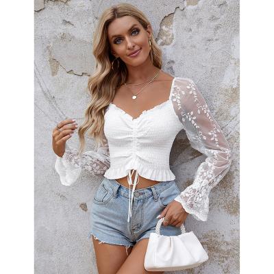 China 2022 QUICK DRY Hot Selling Women's Sexy CIA Fashion Lace Sleeve Shirt Wrapped Belly Button Pleat Chest Top Short Flare Top for sale