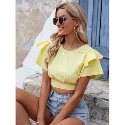 China Wholesale Custom QUICK DRY Round Short Crop Top Puff Neck Sexy Backless Blouse Tops For Women Ruffle Sleeve Backless Blouse for sale