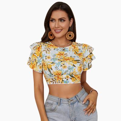 China Fashion Ruffle Sleeve Summer Popular Top Round Floral QUICK DRY Round Neck Shirt Simple Women's Short Sleeve T-Shirt for sale