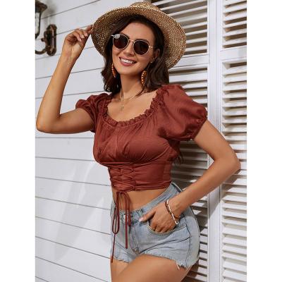 China High Quality Breathable Ladies Classic Blouse Casual Claret Short Sleeves Round Neck Women's Blouse for sale