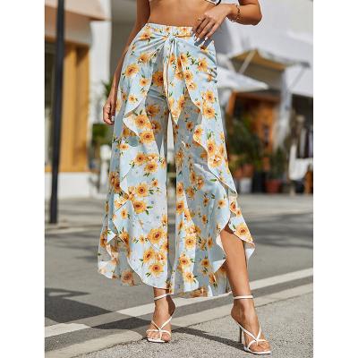 China Hot Sale QUICK DRY Floral Print Wide Leg Pants For Lady Elegant Casual Bohemian High Waist Flare Pants Ruffles Printed Trousers for sale