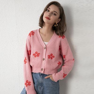 China Anti-pilling Women's Fashion Flower Pattern Flower Sweater Women's Short Sleeve Wrap Short Button Up V-Neck Cardigans for sale