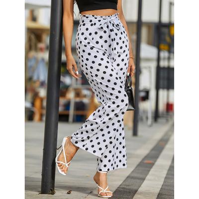 China QUICK DRY Ladies Tie Sash Culotte Smocked Waist Wide Leg Classic Polka Pants Dot Print Wide Leg Pants for sale