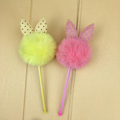 China Pen Cute Design Custom Logo Promotional Kids Favorite Cardboard Shape Plush Rabbit Ears Ball Pompom Animal Pen for sale