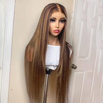 China Honey Blonde Highlight Human Hair Straight Transparent Lace 13*6 MAX Lace Front Wigs With for sale