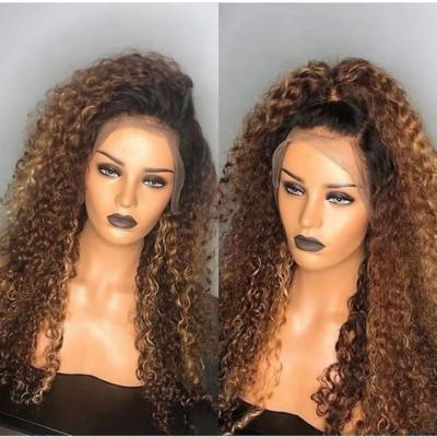 China Brazilian deep curly hair cuticle aligned hair wig ombre color glueless lace frontal wig deep piece,deep curl/kinky curly swiss curly lace wig for sale