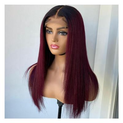 China Brazilian 99J Raw Silky Straight Wig Virgin Hair Straight T1B Burgundy Ombre Colored Lace Closure Wigs For Sales for sale