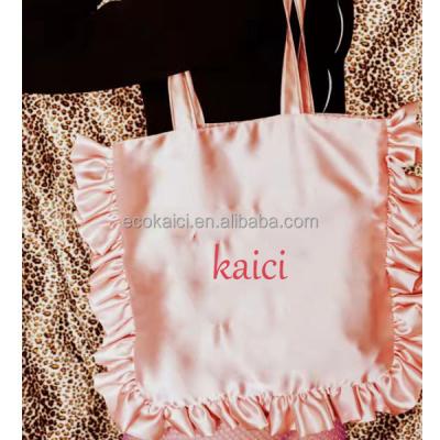 China Custom Large Pink Satin Ruffle Bag Fashion Women Handled Silk Tote Bags Ruffle Tote Bag for sale