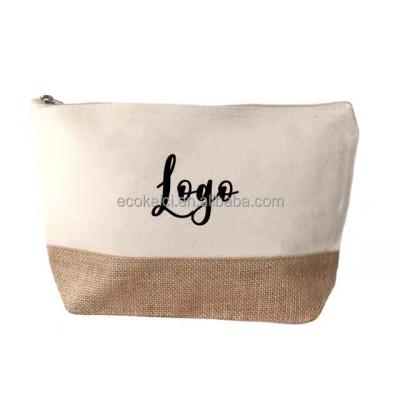 China Eco Friendly Hemp Top Lady Custom Logo Canvas Travel Bottom Two Tone Bag With Burlap Contrast Zipper Cosmetic Bag Burlap Make Up Bag for sale