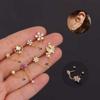 China Eco-Friendly Five-Leaf Flower Double Petaled Butterfly Tied Barbell Chain Stud Cartilage Piercing for sale