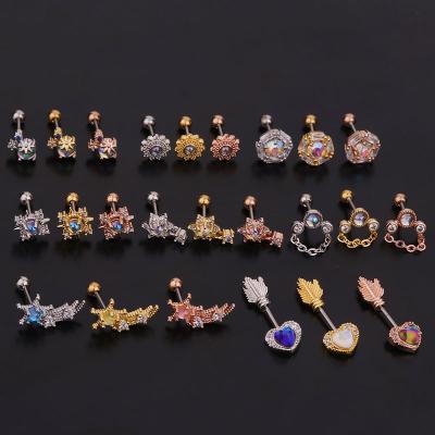 China Environmental Friendly Rainbow Crystal Flower Heart Arrow Shape Ear Helix Rook Cartilage Piercing Gold Stud Earring Jewelry Women for sale