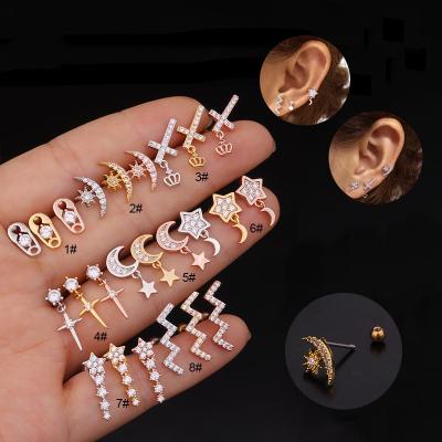 China Luxury Environment Friendly Wave Brooch Moon Cross Star Shape Comfortable Crystal Gem Cz Ear Tragus Daith Helix Rook Stud Lobe Piercing Earring for sale